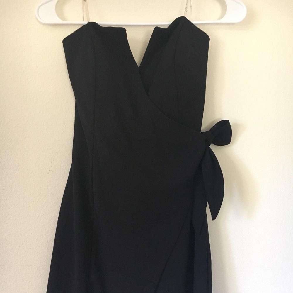 Black strapless asymmetrical cocktail dress
